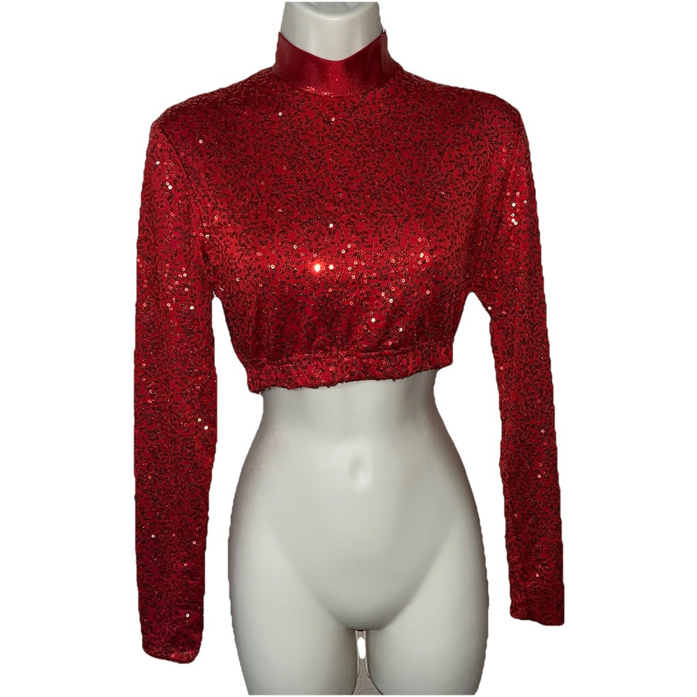 Girls Red Sequin Mock Neck Crop Top Dance Costume Long Sleeve Sz Med 8/10 Zipper